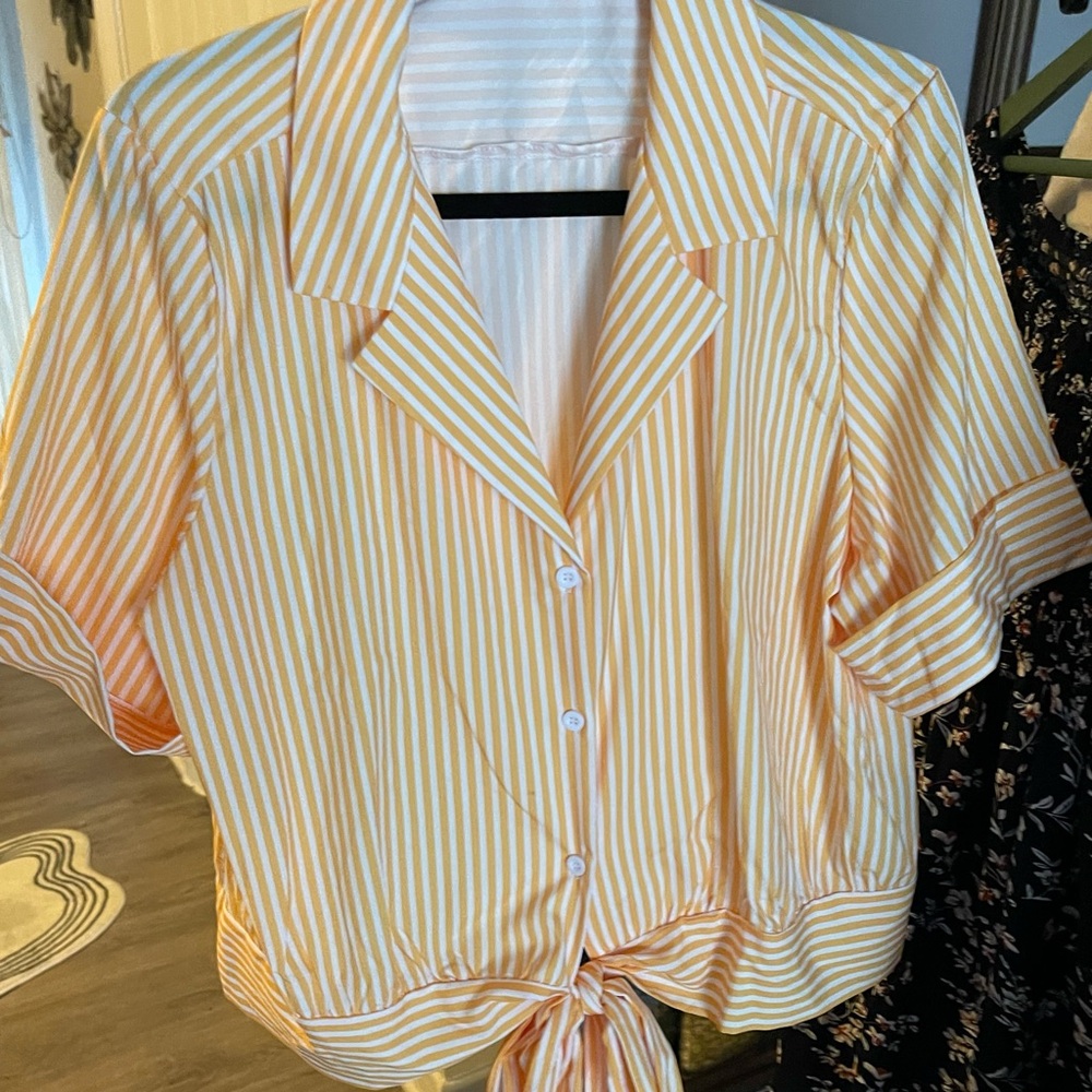 SHEIN Yellow Striped Button Down Shirt